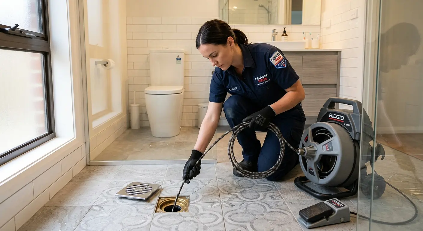 Technician clearing a bathroom floor drain for Sewer Line Installation in Exeter